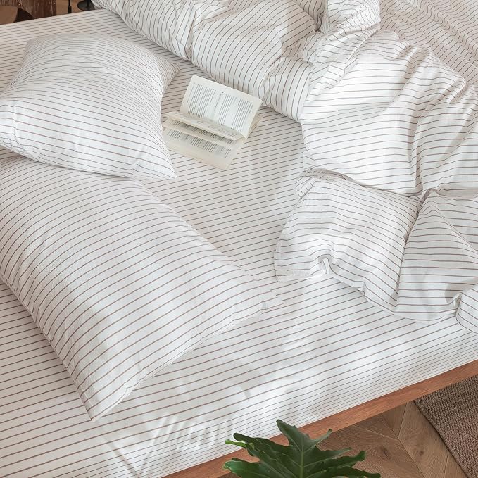 MooMee Striped Duvet Cover Set 100% Washed Cotton Linen Like King | Relaxed Linen-like Texture. Soft, Breathable & Long-lasting Comfort. Lightweight. Hidden Zipper with 8 Interior Corner Ties