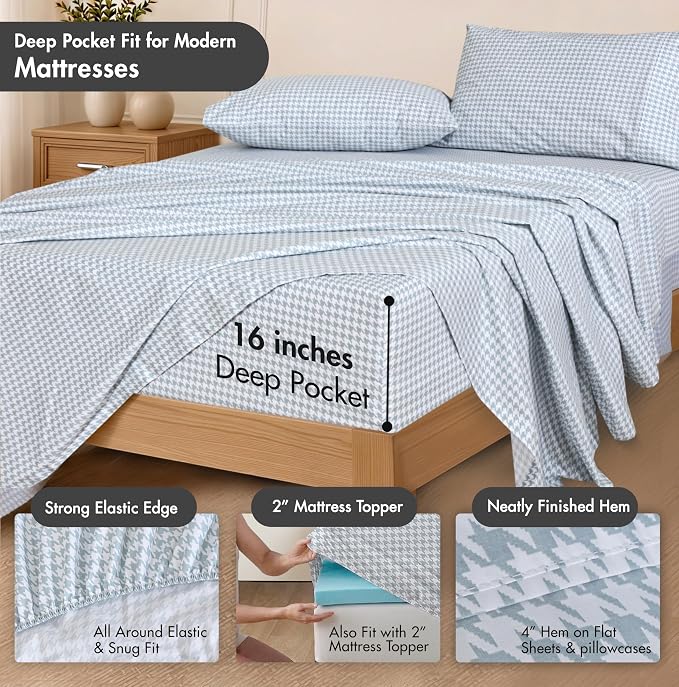 RUVANTI 100% Cotton Percale Sheets Full Size, Houndstooth | Crisp Cooling, Deep Pocket 16", Soft Breathable & Durable, Hotel-Style, 4 Piece Set