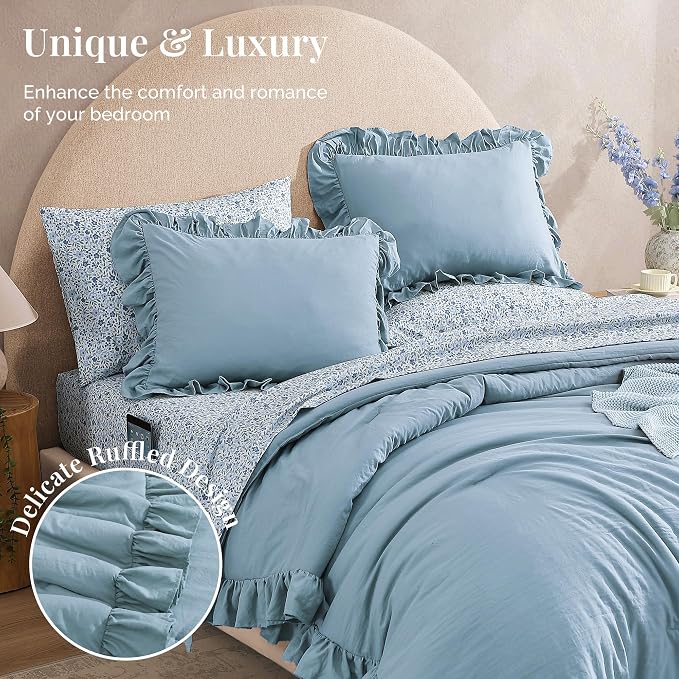 King Size Comforter Set-7 Pieces Ruffle Bedding Floral Sheet | Blue Bed in a Bag, Soft Lightweight All Season Farmhouse King Size Bedding Sets with Floral Sheets, Pillowcases & Shams