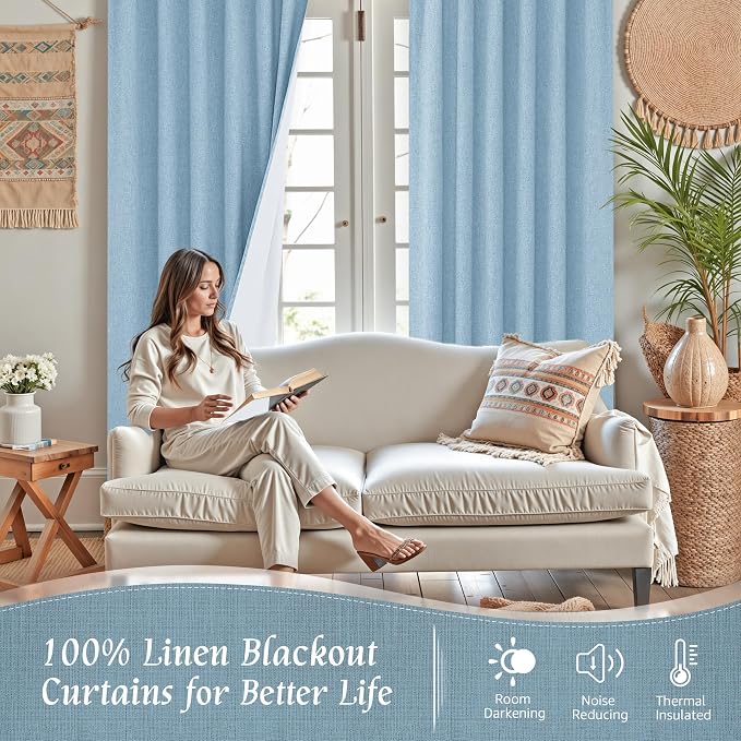 Stone Blue 100% Blackout Linen Curtains 84 Inch with White Liner | Linen Textured, Bedroom, Living Room Curtains, Room Darkening, Rod Pocket Back Tab, Neutral Drapes, 2 Panels, 60 x 84 Inch
