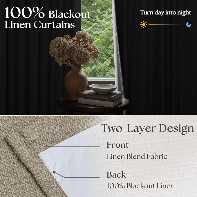 TWODRAPES Deep Flax Linen Pinch Pleated Blackout Curtains 84 Inches Long | 100% Black Out, Pinch Pleat Drapes with Liner, Back Tab, Farmhouse Neutral 84 Inch Curtain, for Living Dining Room Bedroom