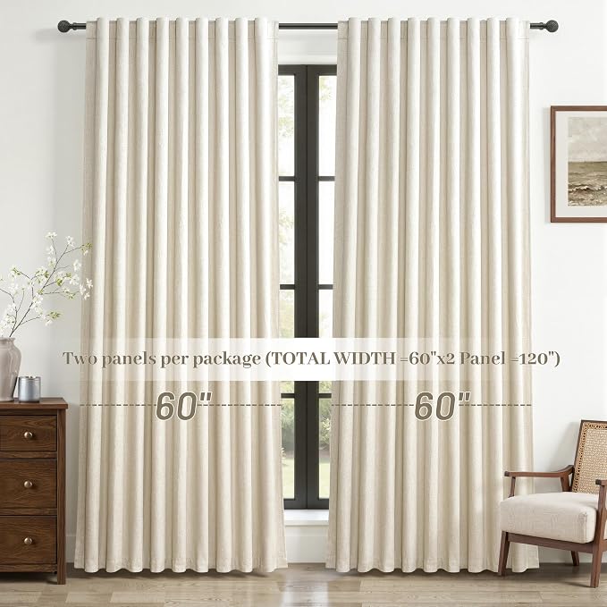 Cute Blackout Curtains 60 Inches Extra Wide Linen 108 Inch Length for Living Room/Sliding Glass Door,Pleated Heavy Duty Thermal Drapes for Winter Thick Large Window(60"Wx108"L 2 Panels Warm Cream)