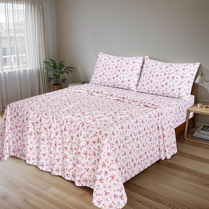 RUVANTI 100% Cotton Percale Sheets King Size, Bouquet | Crisp Cooling, Deep Pocket 16", Soft Breathable & Durable, Hotel-Style, 4 Piece Set