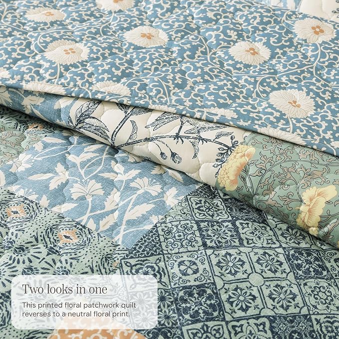 Oversized Queen Quilt Set-3 Pieces Soft Bedding Floral Patchwork Coverlet | All Seasons Quilts Queen Size for Bed, 1 Quilt (120" x 110") and 2 Shams (20" x 36"), Vintage Bedspread, Green
