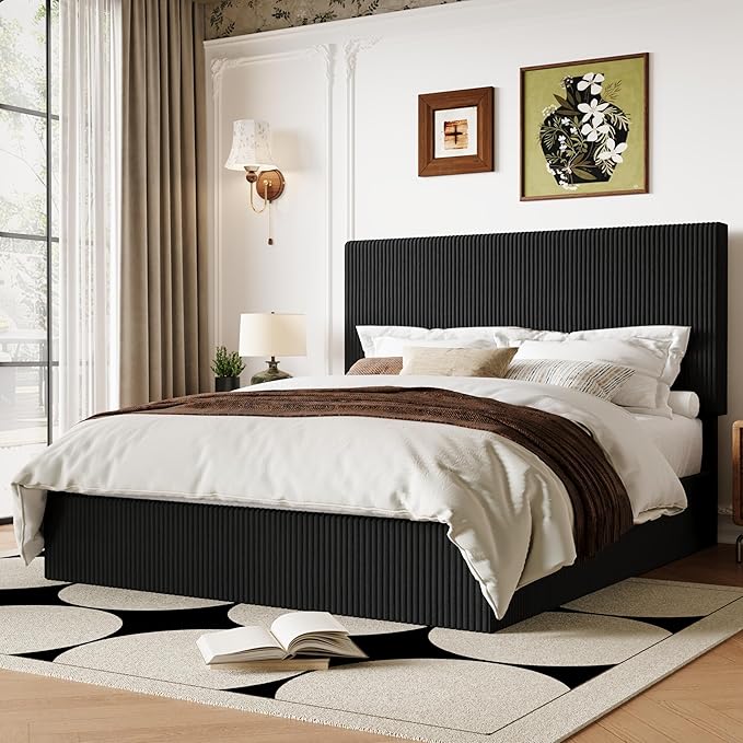 Allewie Queen Bed Frame, Adjustable Corduroy Headboard, Platform, Black | Adjustable Headboard, Corduroy Fabric, Low Profile, Wooden Slats, 900 lb Capacity, No Box Spring Needed