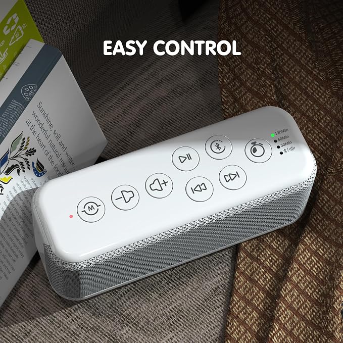 White Noise Machine, Bluetooth Speaker for Sleep, Sound Machine for Office | 15 Soothing Sounds, 3000mAh Battery with Type-C Charging, Auto-Off Timer, 8 Adjustable Volume Levels and Memory