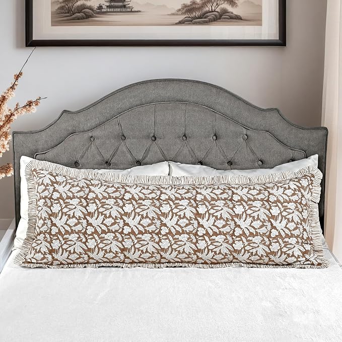 Ridhi Block Print Oak Brown Ruffle Lumbar Pillow Shams, 54" x 20" Set-1 | 100% cotton, Floral Pillowcase, Cushion Cover, Hidden Zipper, Cottagecore Bedding, farmhouse boho style, fits couch, sofa,Bed