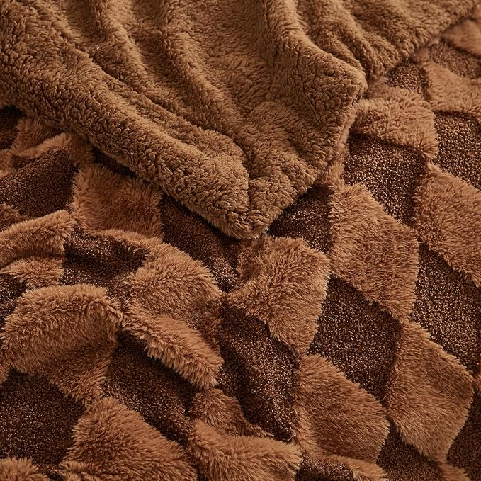 PU MEI Luxury Faux Fur Rabbit Fur Throw Blanket Brown 90"x80",Plush Reversible Sherpa Blankets,Queen Fuzzy Elegant Blanket Thick Throws for Bed,Washable Bedding Accent Blankets for Sofa Couch Chair