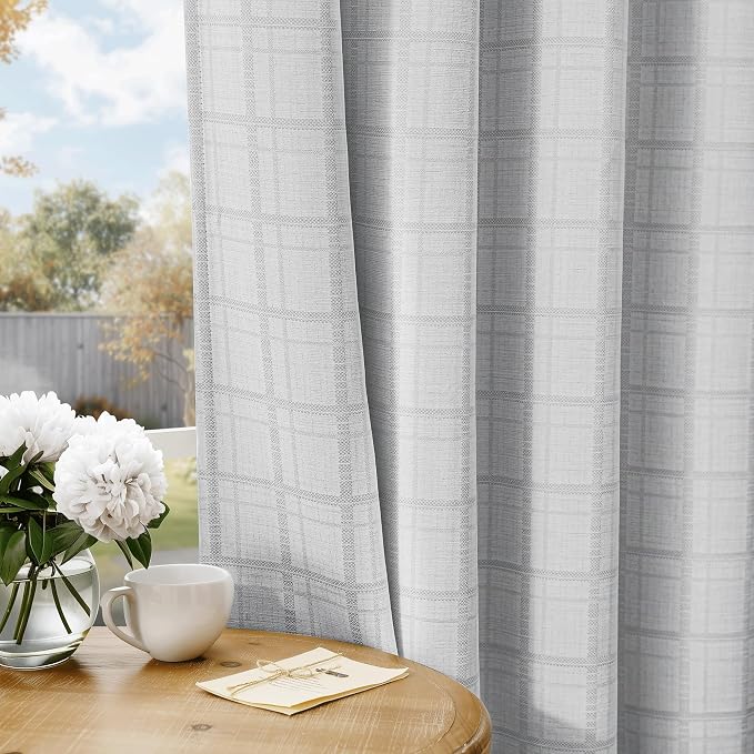 Beauoop Grey Plaid Jacquard Blackout Curtains for Bedroom 52x96 2 Panels | Gingham Checkered Room Darkening Drapes for Living Room 96 Inch Long Thermal Insulated Soundproof Window treatment Grommet