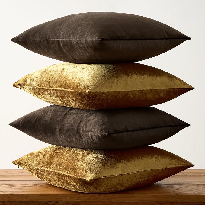 GIGIZAZA Pack of 4 Decorative Velvet Pillow Covers 18x18 Brown Gold | Throw Pillows for Couch Sofa,280gsm Soft Textured Fabric,Modern Accent Pillowcases,Luxury Living Room Cushion Covers