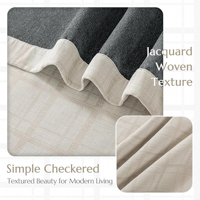 Beauoop Beige Plaid Jacquard Blackout Curtains for Bedroom 52x90 2 Panels | Gingham Checkered Room Darkening Drapes for Living Room 90 Inch Long Thermal Insulated Soundproof Window treatment Grommet