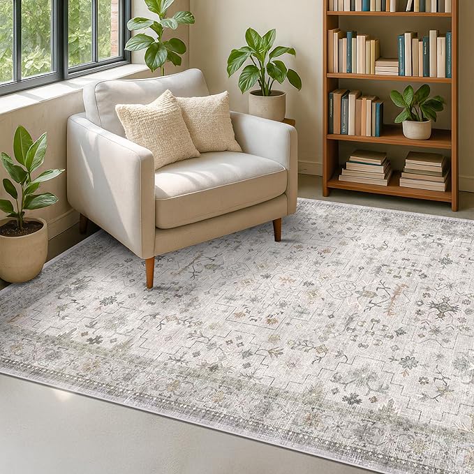 Boho Washable 5x7 Living Room Rug - Neutral Light Gray & Sage Area Rugs for Nursery, Dining Under Table, Bedroom, Modern Vintage Eclectic Geometric Floral, Low Pile Stain Resistant