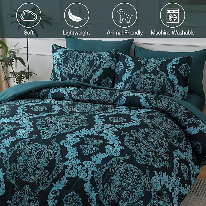 WONGS BEDDING 7 Piece King Comforter Set, Teal Texture Breathable Microfiber Comforter Bedding Set for All Season, Damask Bed in a Bag with Comforter, Flat Sheet, Fitted Sheet, Pillowcases & Shams