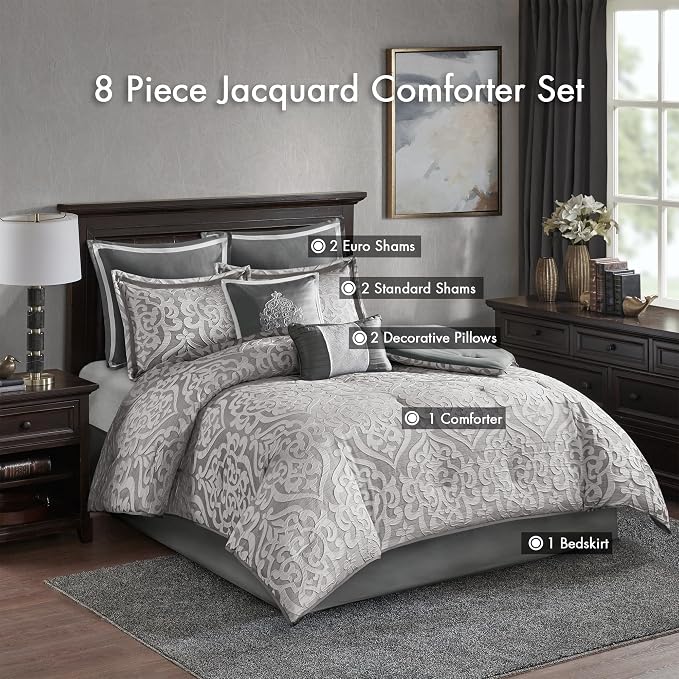 Madison Park Odette Cozy Comforter Set Jacquard Damask Medallion Design - Modern All Season, Down Alternative Bedding, Shams, Decorative Pillows, Queen(90 in x 90 in), Silver 8 Piece | All Season Down Alternative Bedding with Comforter, Shams, Bed Skir...