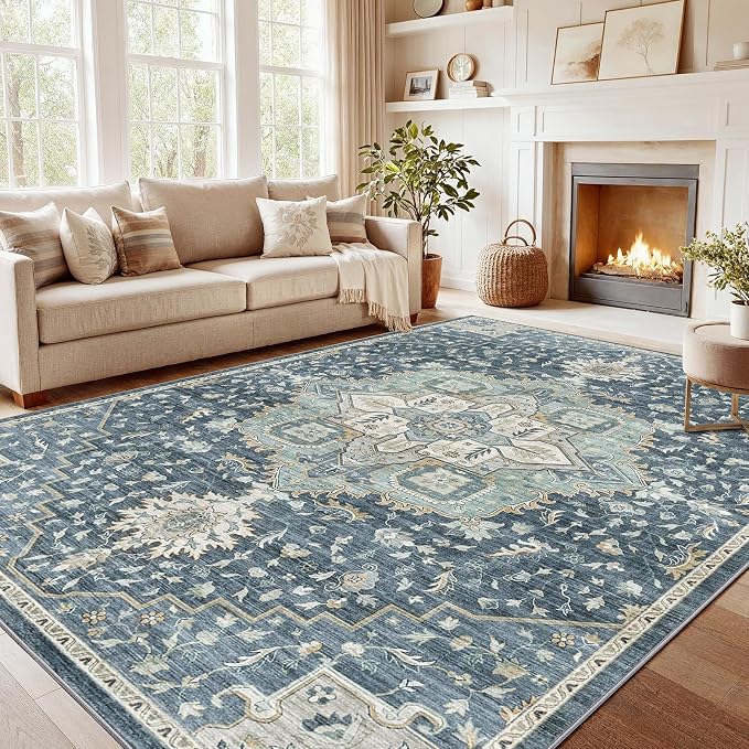 AMADA HOMEFURNISHING Washable Area Rug, Low-Profile Large Area Rug with Non-Slip Backing & Durable Edge Binding, Vintage Large Rugs for Living Room, Bedroom, Dinning Room (8x10, Blue/Yellow)