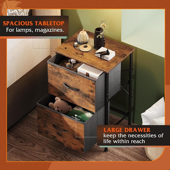 WLIVE Night Stand, Small Dresser with 2 Drawers & Wooden Top, Nightstand with Fabric Bins, Bedside Table End Table for Bedroom, Closet, Entryway, College Dorm, Rustic Brown