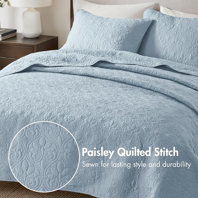 Madison Park Luxurious Cotton Damask Quilt Set, 3PC Full/Queen Bed Set | All Season, Lightweight Stitching Coverlet Bedspread Bedding Stitching with Shams, Blue