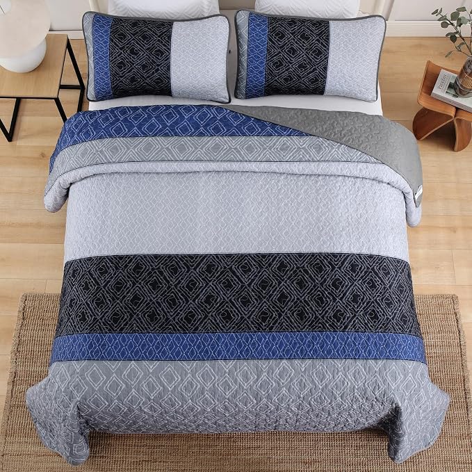 Cottolester Quilts Queen Size,3 Pieces Boho Gray Blue Striped Bedspread Set | Farmhouse Patchwork Bedspreads Covrtlet Set for Men Women,Soft Microfiber Lightweight Quilt Bedding Set Set for All Season