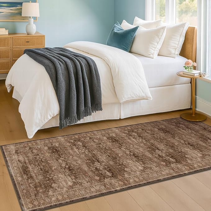 Brown Boho Washable 2x7 Runner Rugs for Hallway Kitchen Bedroom Beside Laundry Room Bathroom Rug, Pet & Kids Friendly, Non Slip Low Pile Stain Resistant Soft Faux Wool Long Dark Earthy Floor Carpet