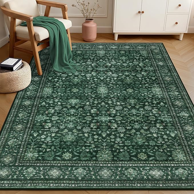 3x5 Area Rugs Living Room: Washable Rug for Bedroom Deep Green | Boho No Slip Stain Resistant Rug Soft Indoor Decor Floor Floral 3x5 Area Rugs for Dining Room, Nursery, Hallway, Home Office