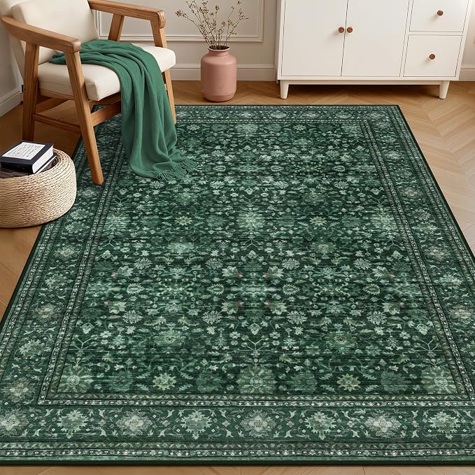 4x6 Area Rugs Living Room: Washable Rug for Bedroom Deep Green | Boho No Slip Stain Resistant Rug Soft Indoor Decor Floor Floral 4x6 Area Rugs for Dining Room, Nursery, Hallway, Home Office