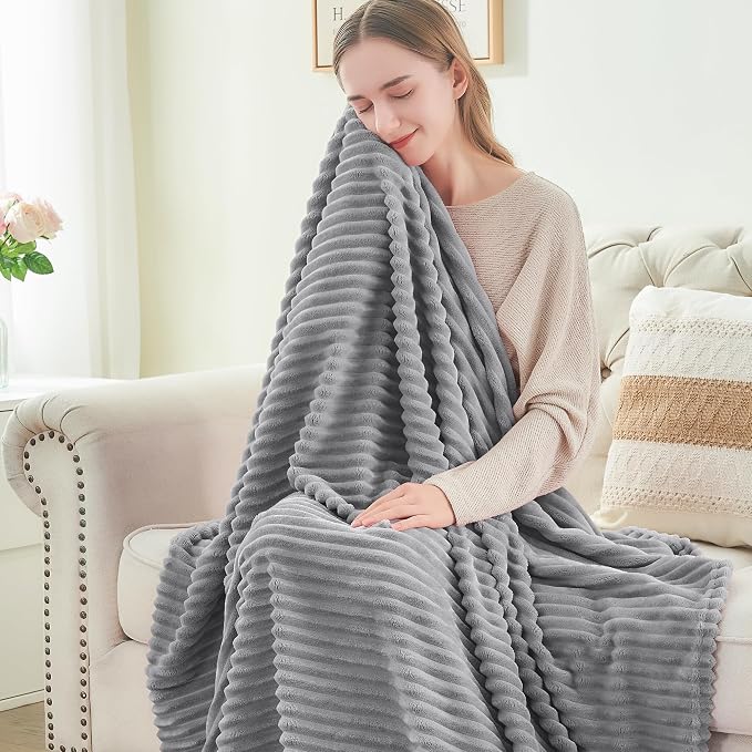 BEDELITE 3D Ribbed Jacquard Grey Blankets Queen Size for Bed, 90x90 Inch | Soft Warm Decorative Fluffy Blanket, Cozy Fuzzy Lightweight Plush Fleece Throw Blankets for Bed, Room Decor, Gift for Women