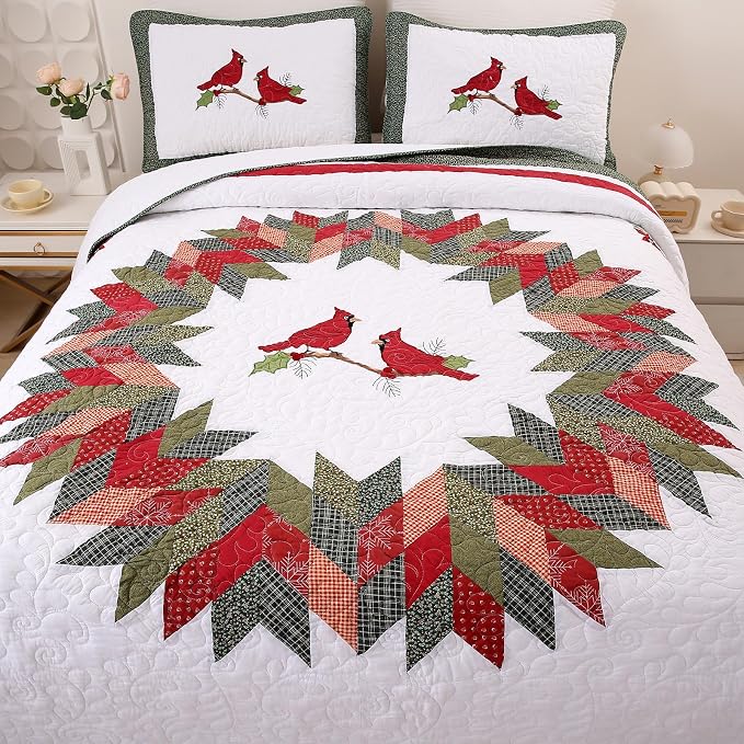 vctops 3 Pieces Christmas Cotton Quilted Quilt Set (Birds,Oversize Queen) | Vintage Cardinal Patchwork Bedspread Coverlet Soft Lightweight Bedding Sets 1 Quilt with 2 Pillow Shams