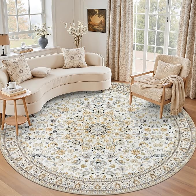 Round Area Rug for Living Room: 8ft Washable Rug for Bedroom Beige | Vintage Boho Soft Round Rug Indoor Floor No Slip Carpet Stain Resistant Rugs for Bedroom Dining Room Nursery Home Office