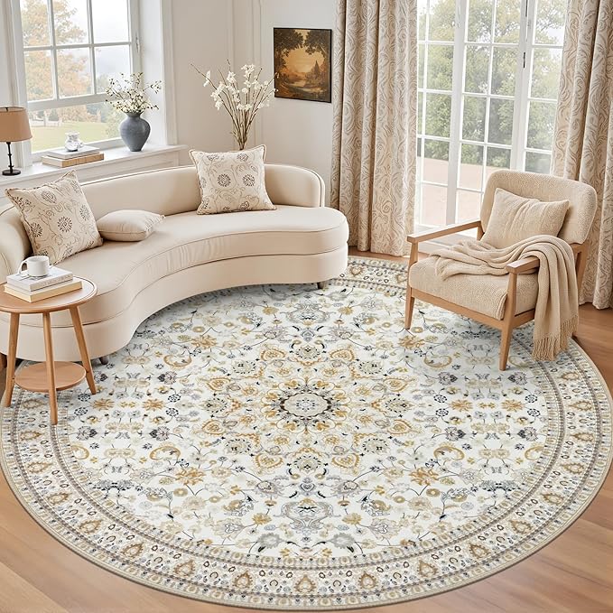 Round Area Rug for Living Room: 4ft Washable Rug for Bedroom Beige | Vintage Boho Soft Round Rug Indoor Floor No Slip Carpet Stain Resistant Rugs for Bedroom Dining Room Nursery Home Office