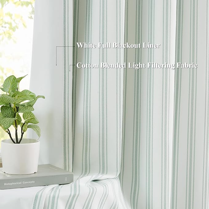 ZJDECOR 84 Inches Long Green White Stripe Full Blackout Curtains Rod Pocket | Cotton Blend Room Darkening Striped Drapes,Farmhouse Window Treatment,Living Room Bedroom,Back Tab,55"Wx84"L(Pack of 2)