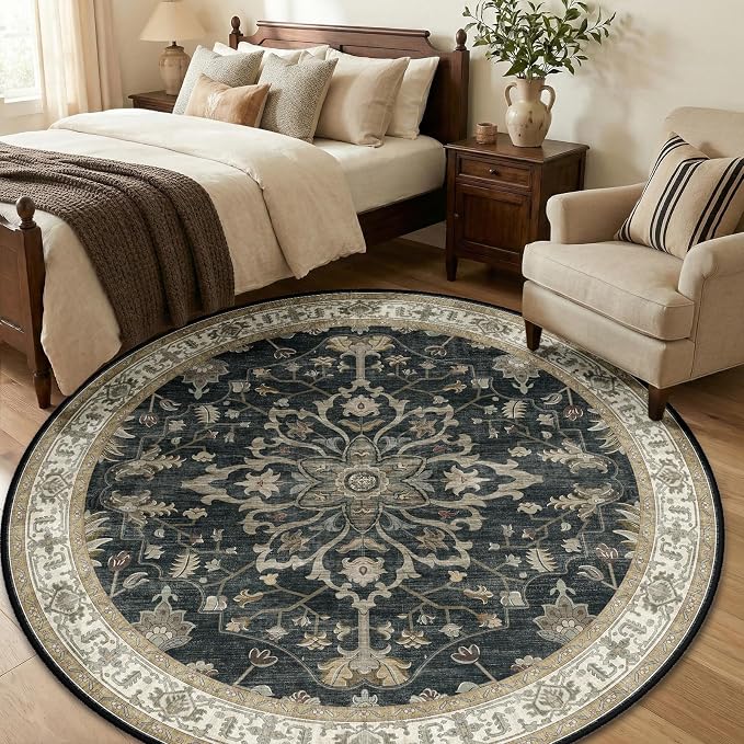 RELEANY Washable Area Rug, Round 6ft, Black/Vintage/Beige | Non-Slip, Water Repellent, Pet Friendly, Easy to Clean, Vintage Floral Boho Decor for Living Room Bedroom Dining Room