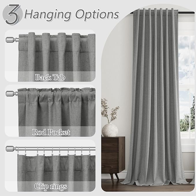 Dark Grey 100% Blackout Linen Curtains 90 Inch Length 2 Panels Set for Living Room Back Tab Thermal Insulated Black Out Drapes Room Darkening Farmhouse Style for Bedroom Window Curtains