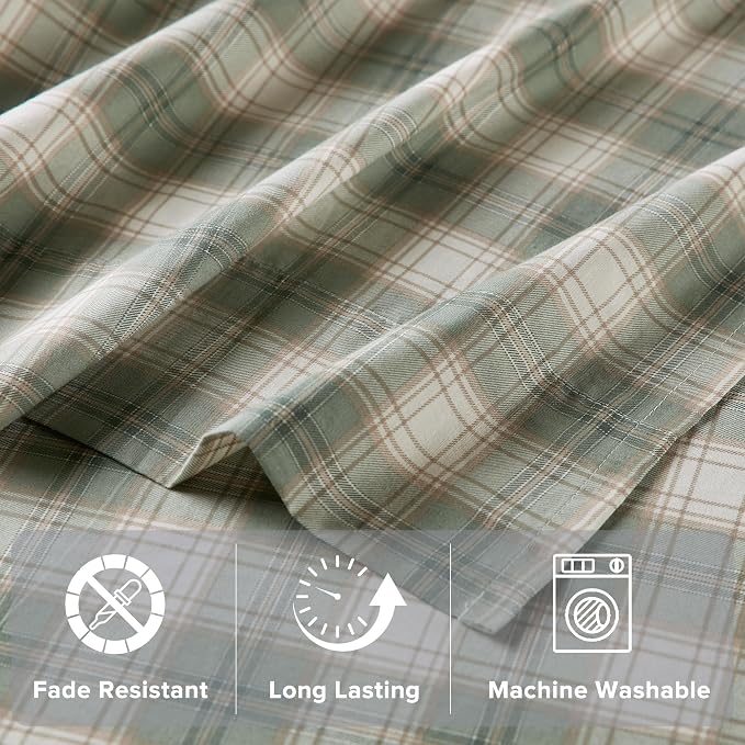 Comfort Spaces 100% Cotton Percale Sheets Twin XL Size 3 Pcs, Wesley Green | Crisp, Cool & Breathable Bed Sheets, 12" Deep Pocket Fits Up to 14" Mattress, Lightweight, All Season Cozy, with Pillow Case