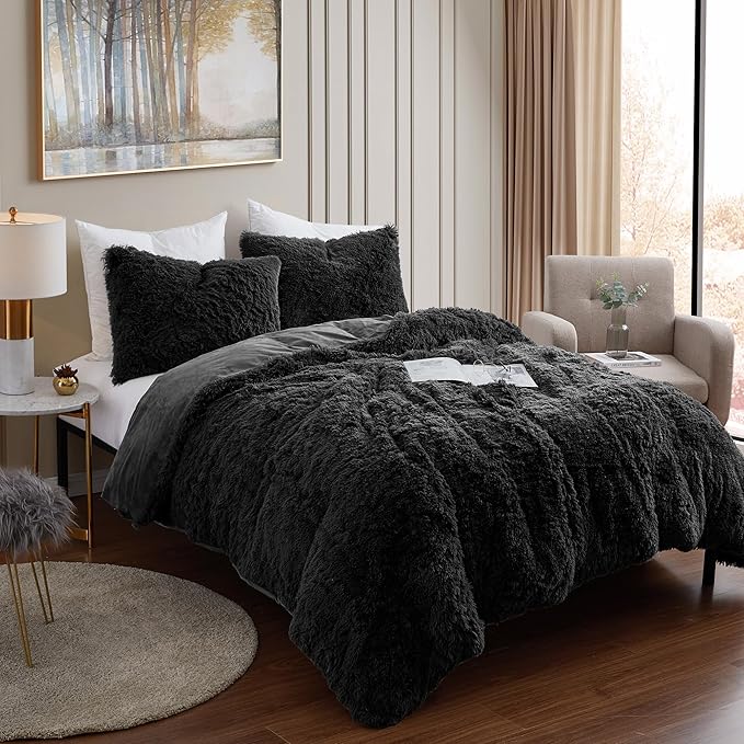 Queen Luxury Faux Fur Comforter Set - Soft & Breathable 7-Piece Bedding Collection - 1 Comforter, 1 Fitted Sheet, 1 Flat, 2 Pillowcases, 2 Pillow Shams - Deep Pocket - Premium Quality, Black