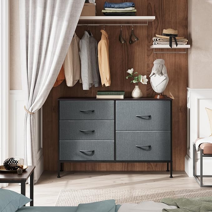 WLIVE 5 Drawer Fabric Dresser for Bedroom, Wide Storage Chest, Dark Grey | 5-drawer wide fabric dresser with steel frame, multipurpose bedroom living room hallway dorm closet storage organizer
