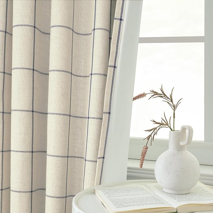 DriftAway 100% Blackout Plaid Curtains 63 Inches Long 2 Panels Navy Blue | 100% Blackout, Linen Texture, Plaid Pattern, Two Layers, Rod Pocket & Back Tab, Bedroom Living Room Use, Luxury Appearance