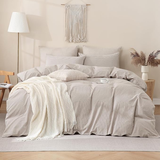 TOCOMOA Mini Gingham Tan Duvet Cover Set Washed Cotton Like Linen, Full | 100% Washed Cotton Linen-Like Feel Soft, Breathable & Comfy. Lightweight Bedding Set with Zipper & 8 Ties. 3 Pcs, No Insert
