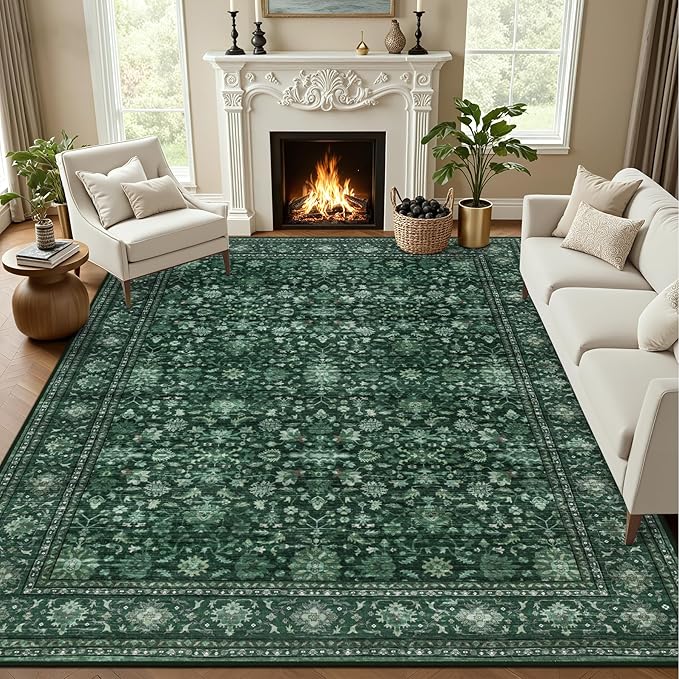 10x12 Area Rugs Living Room: Washable Rug for Bedroom Deep Green | Vintage No Slip Stain Resistant Rug Soft Indoor Decor Floor Floral Area Rugs for Dining Room, Nursery, Hallway, Home Office