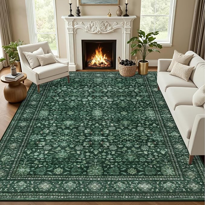 8x10 Area Rugs Living Room: Washable Rug for Bedroom Deep Green | Boho No Slip Stain Resistant Rug Soft Indoor Decor Floor Floral Area Rugs for Dining Room, Nursery, Hallway, Home Office