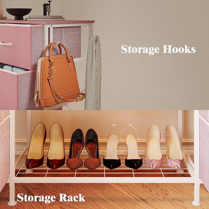 LUMTOK 55"W Dresser with Hanging Rack,10 Fabric drawers & Hooks for Bedroom | Pink 10 Drawers Dresser with LED Lights, Charging Station,chest of drawers with wooden top for clothing storage organization