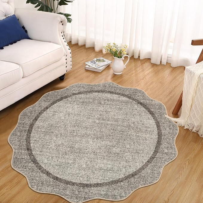GarveeHome Scalloped Washable Non-Slip Soft Round Rug 4 ft, Brown | Small Ultra-Thin Boho Circle Stain Resistant Low Pile Carpet for Entryway Kitchen Bedroom Nursery Bathroom