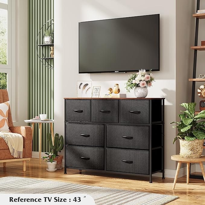 WLIVE Dresser for Bedroom, 7 Drawers, TV Stand, Rustic Brown | 7 roomy fabric drawers, Fits TVs up to 45 inch, Bedroom or living room, Wide storage design, Chest of drawers