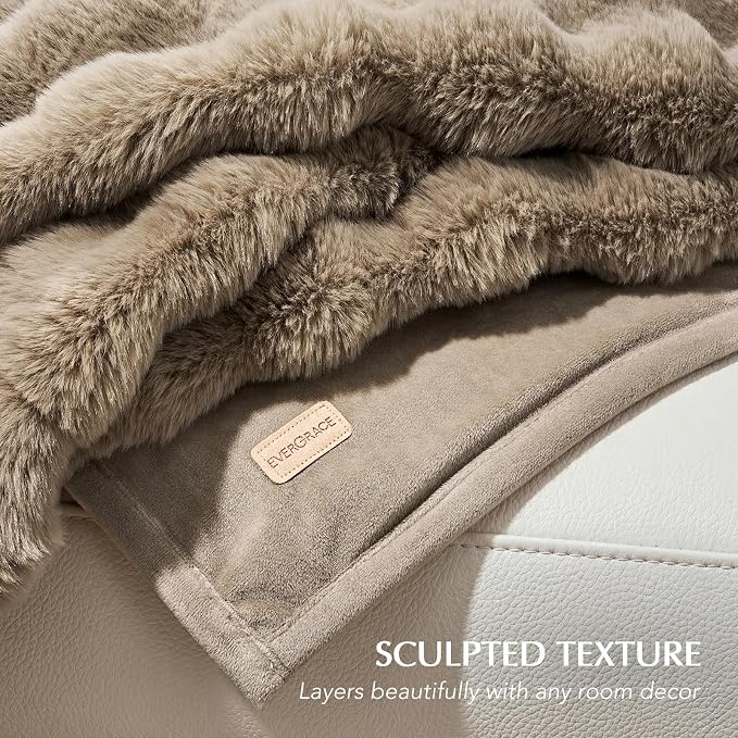 EverGrace Faux Rabbit Fur Bubble Throw Blanket, 60"x80", Greige | Ultra Soft, Luxury Faux Rabbit Fur Throw, Thick Warm Bubble Blanket, Cozy Fluffy Reversible, for Bed, Couch, Chair, Sofa