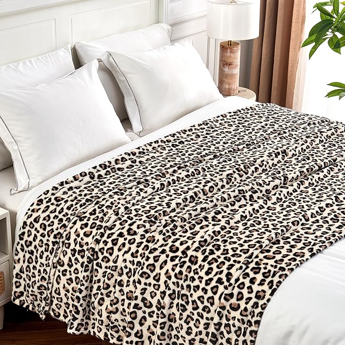 Edenleaf Leopard Print Blanket Fleece Throw for Bed Sofa Travel and Camping, Super Soft Cozy Fluffy Plush Cheetah Print Blanket for All Seasons 60"x80" (Cream)