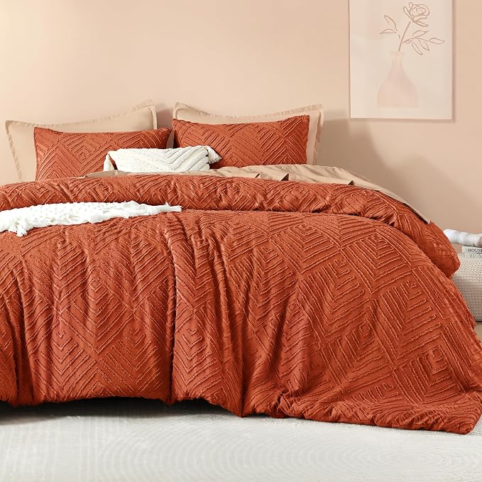Litanika King Size Comforter Set, 3 Pieces Tufted Boho Bedding Set | Terracotta Farmhouse Shabby Chic Vintage Bohemian Textured Aesthetic Soft Fluffy Lightweight Breathable All Season Bed Set