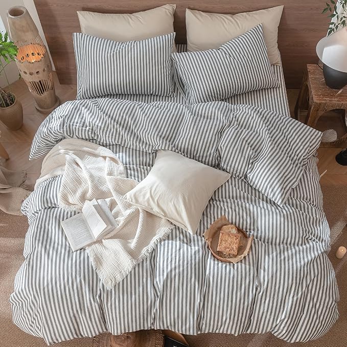 MooMee Striped Duvet Cover Set 100% Washed Cotton Linen Like Oversized King | Relaxed Linen-like Texture. Soft, Breathable & Long-lasting Comfort. Lightweight. Hidden Zipper with 8 Interior Corner Ties