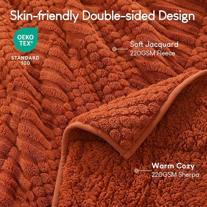 Cottonblue Sherpa Fleece Weighted Blanket 15 lbs for Adults Queen Size Soft | Fuzzy Jacquard Heavy Blankets Throw 60"x80" for Sleep Calm Relax, Cozy Warm Knitted Heavy Blanket for Bed Sofa,Burnt Orange