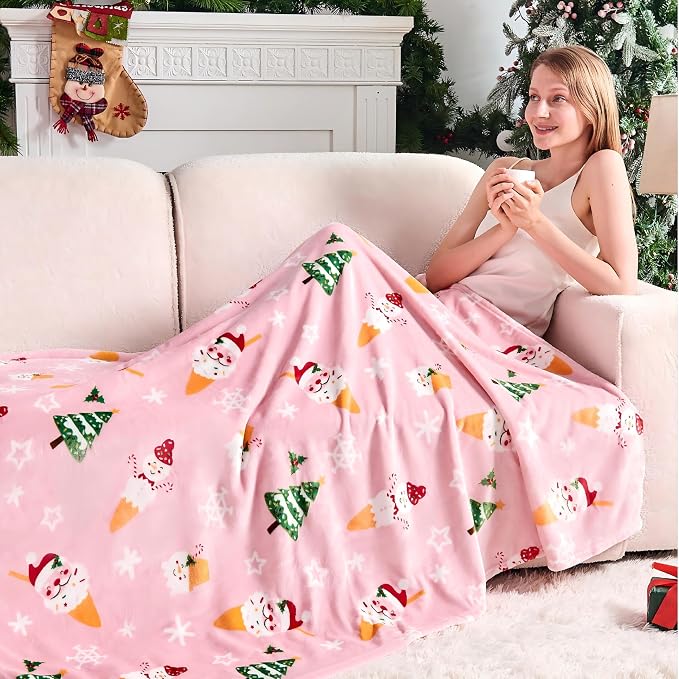 Edenleaf Christmas Blanket Soft Cozy Pink Throws with Snowman Snowflake Santa Claus and Xmas Trees Print, Fuzzy Warm Christmas Throw Blanket for Couch Bed Holiday Decorations Gifts 50"x60" (Pink)