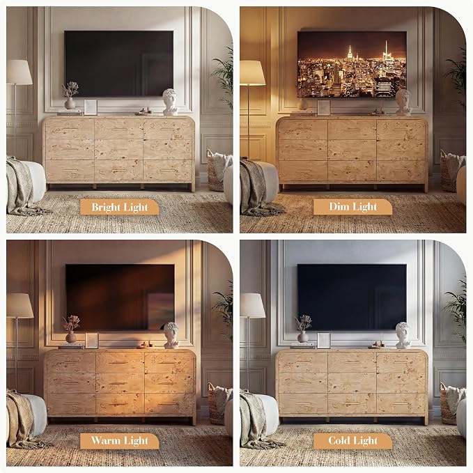 Curved 9-Drawer Dresser for Bedroom, 63" Wide Modern Chest of Drawers, Vanity Desk TV Stand for Living Room, Closet Storage Drawers Organizer Furniture, Nursery, Hallway, Light Burl