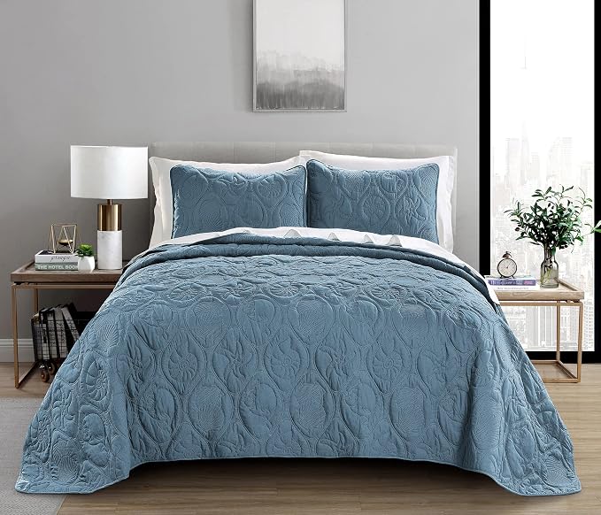 Pure Bedding Quilt Set King/Cal King/California King Size Ash Blue - Oversized Bedspread - Microfiber Coverlet - Includes 1 Quilt and 2 Shams, Ocean Star Pattern